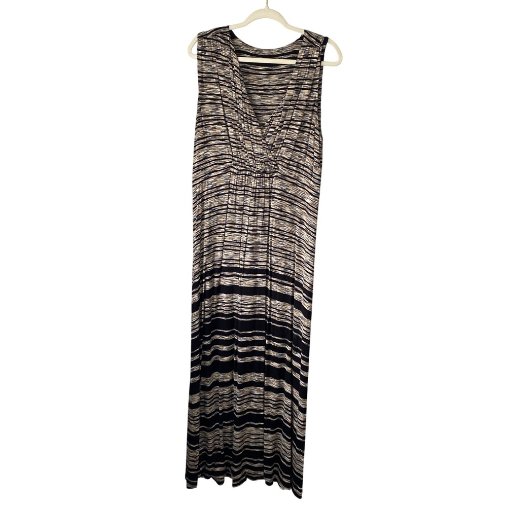 Chicos Womens Black Tan Striped V-Neck Sleeveless Maxi Dress Empire Waist 59in L